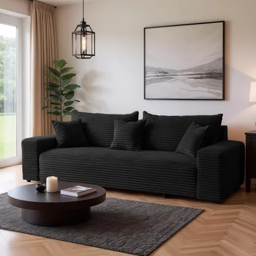 Cord Schlafsofa CORDO 3-Sitzer Schwarz mit Schlaffunktion und Bettkasten - Modernes Schlafsofa CORDO von Sofiland – 2-in-1 Lösung mit großzügigem Bettkasten und komfortabler Liegefläche. Ideal für gemütliche Abende und Übernachtungsbesuche.