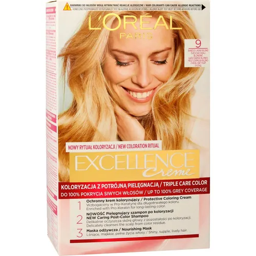 L'Oréal Paris Excellence Crème 9 Hellblond - Haarfärbeset mit 100% Grauhaarabdeckung, pflegender Cremefarbe und 3-Fach Pflege für langanhaltende, glänzende Farbe und gesunde Haare.