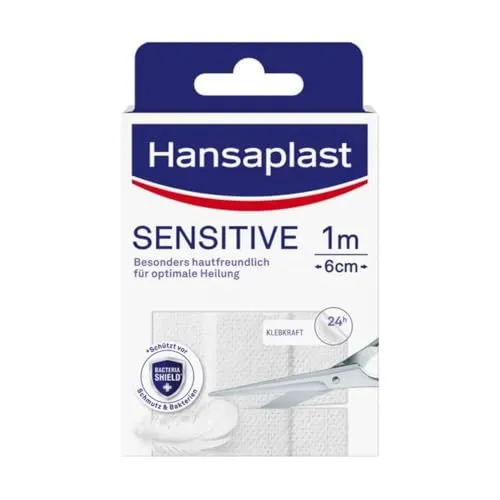 Hansaplast Sensitive Pflaster - Hautfreundlich und zuschneidbar - Das Hansaplast Sensitive Pflaster bietet sanften Schutz für empfindliche Haut. Mit Bacteria Shield für sicheren Wundschutz und starker Klebkraft, ist es ideal für individuelle Anwendungen. 100 % latexfrei und schmerzlos zu entfernen.