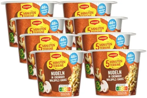 MAGGI 5 Minuten Terrine Nudeln in cremiger Waldpilz-Sauce, leckeres Fertiggericht mit Instant Nudeln, Pasta-Snack mit aromatischen Pfifferlingen & Butterpilzen, vegetarisch, 8er Pack (8 x 56g)
