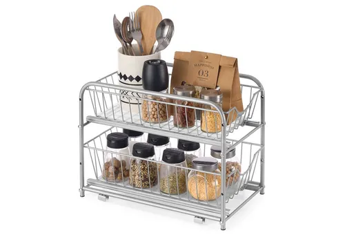 Songmics Organizer in Grau - Praktische Aufbewahrungslösung - Kleinaufbewahrung mit 2 ausziehbaren Körben für vielseitige Nutzung, stabiler Stand und modernes Design in Grau. Ideal für Damen, um Ordnung zu schaffen.