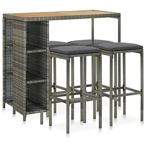vidaXL 5-tlg. Gartenbar-Set mit Kissen in Grau - Gartenmöbel-Set aus wetterbeständigem Poly Rattan, ideal für Balkon und Terrasse. Bequeme, abnehmbare Kissen und robuster Stahlrahmen bieten Komfort und Langlebigkeit.