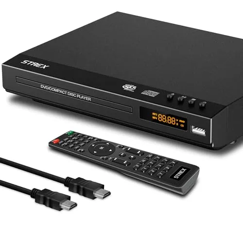 Strex DVD Player mit HDMI - Full HD 1080P - Region Free - DVD-Player mit USB-Anschluss und HDMI, ideal für alle DVD-Formate weltweit. Genießen Sie gestochen scharfe Bilder und klaren Sound in kompakt elegantem Design.