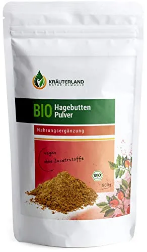 Kräuterland - Bio Hagebuttenpulver 500g in Rohkostqualität - 100% rein, vegan - fein gemahlene Bio Hagebutten Früchte Rosa Canina - Premiumqualität