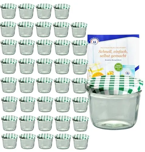 MamboCat 40er Set Sturzgläser 230 ml mit grün kariertem Deckel - Einmachgläser für Einkochen von Konfitüre, Mus & Gelee. Spülmaschinen- und backofengeeignet, ideal zur luftdichten Konservierung von Lebensmitteln und zur Aufbewahrung von Hobbyartikeln.
