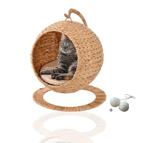 Rohrschneider Katzen-Hängesessel – runder Hängesessel für Katzenbett - Tierhöhlen: Der moderne Katzen-Hängesessel aus umweltfreundlicher Wasserhyazinthe bietet höchsten Komfort und eine gemütliche Rückzugsmöglichkeit für Ihre Katze.