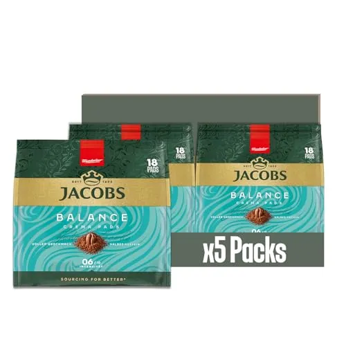 Jacobs Pads Crema Balance, Senseo Kompatible Kaffeepads - Kaffee: Ausgewogen & cremig mit feiner Crema – ideal für ein rundes Kaffeeerlebnis in allen Senseo Maschinen. 90 Kaffeepads aus nachhaltigem Anbau für bewussten Genuss.