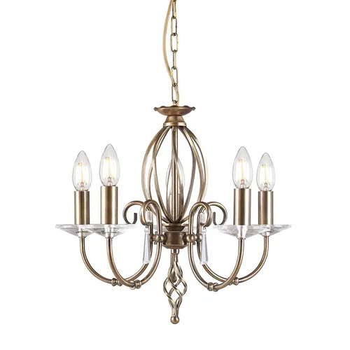 Ägäischer Kronleuchter mit 5 Lichtern – Gealtertes Messing - Kronleuchter mit handgeschmiedeten Schnörkeln und geschliffenem Glas, ideal für moderne und klassische Räume. Höhenverstellbar von 500 mm bis 975 mm für flexible Lichtgestaltung.