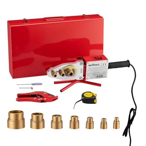 Wiltec PE-Rohr Schweißgerät 2000 W - Schweiß-Zubehör mit kraftvollen 2000 Watt und einem Temperaturbereich von 50 °C bis 300 °C für präzise Schweißergebnisse bei thermoplastischen Rohren. Inklusive 7 Heizdorne von 16-63 mm und ergonomischem Griff für komfortables Arbeiten.