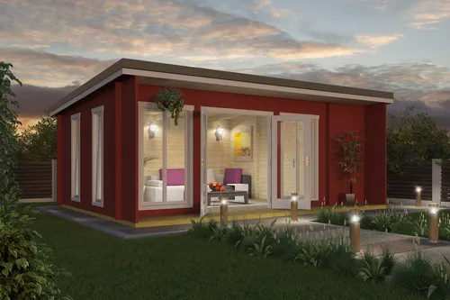 Lasita Gartenhaus Blockhaus Japan Pultdach 628x410 cm - Gartenhaus aus 44 mm Blockbohlen in Schwedenrot, ideal als zusätzlicher Raum oder Stauraum mit abschließbaren Türen und isolierverglasten Fenstern.