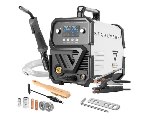 STAHLWERK MIG MAG 200 ST Digital Schweißgerät - Schweißgerät für MIG/MAG, leistungsstark mit 200 A, ideal für Stahl und Edelstahl. Inklusive Profi MIG-Schweißbrenner und umfangreichem Zubehör-Set für vielseitige Anwendungen.