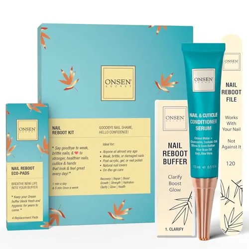 Onsen Secret Japanese Nail Kit - Cuticle Care Oil Serum | Nail Buffer and Shine Kit - Strengthening & Shining - Spa-Quality Manicure w/Organic Ingredients - Long-Lasting Shine - Easy & Safe, 1pk