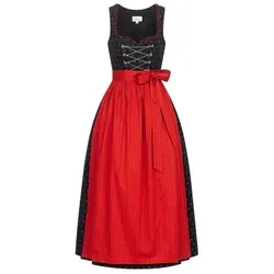 Nübler Dirndl lang Damen THEA Schwarz - 2-teiliges Dirndl Set inkl. Kleid und Schürze im Landhausstil, Rocklänge 90 cm, eckiger Ausschnitt, rotes Blütenmuster, Reißverschluss, Größe:36