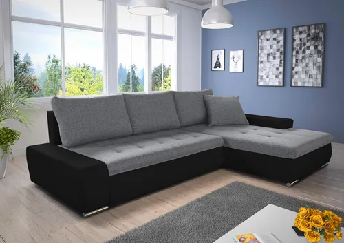 Ecksofa mit Schlaffunktion Faris - Stilvolles Big Sofa in Schwarz/Grau - Sofa mit Schlaffunktion und Bettkasten, ideal für kleine Räume. Ausziehbares System für eine großzügige Schlaffläche von 216x140 cm.