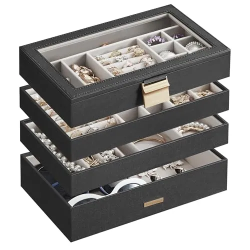 SONGMICS GISELLA Kollektion - Schmuckkästchen 4 Ebenen, Schmucktablett stapelbar, Schmuckkasten, Schmuckbox Glasdeckel, 17 x 28 x 18,3 cm, Schmuckeinsatz Schubladen, Geschenkidee, schwarz JBC164B01