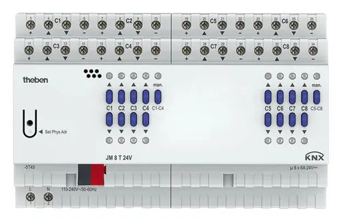 Theben JM 8 T 24V KNX Jalousieaktor 8-fach - Jalousieaktoren für die Steuerung von 24V Antrieben, ideal für Jalousien und Rollläden, mit manueller Bedienung direkt am Gerät.