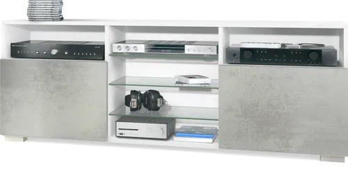 Vladon Lowboard Granada in Hellgrau - Praktisches TV-Board mit 8 Fächern für Spielkonsolen und DVDs. Elegante, griffloses Design in Beton Oxid Optik. Hochwertige Verarbeitung und pflegeleichtes Material – ideal für Ihr Wohnzimmer.