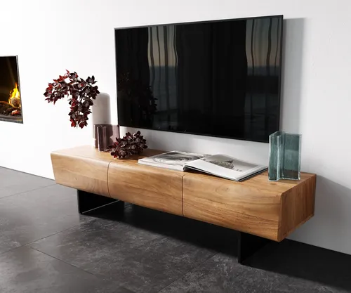 DELIFE Lowboard New Live-Edge 145 cm Akazie Natur - Stylisches Lowboard aus Akazie mit schwebendem Metallfuß in Schwarz. Bietet viel Stauraum hinter 3 Türen und verleiht deinem Wohnzimmer einen modernen, natürlichen Look.