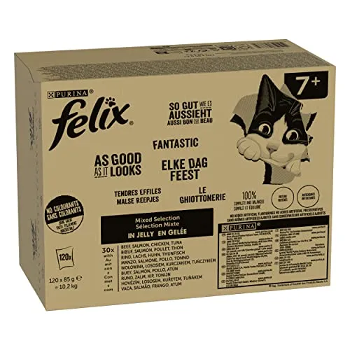 Felix So gut wie es aussieht Senior Katzenfutter nass in Gelee, Sorten-Mix, 120er Pack (120 x 85g)