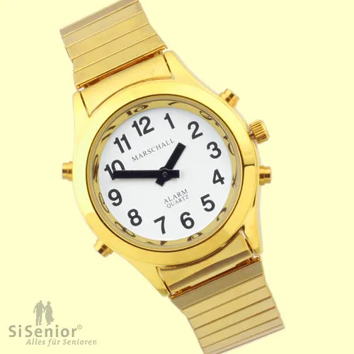 Marschall Deutsch sprechende Damen Armbanduhr I D-GM I Für Blinde, Senioren und Sehbehinderte I Komplette Datumsansage I Extra große Zeiger I Goldfarben mit Metallzugarmband