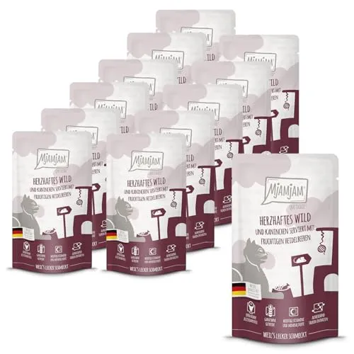 MjAMjAM - Premium Nassfutter für Katzen - Quetschie - herzhaftes Wild & Kaninchen an fruchtigen Heidelbeeren, 12er Pack (12 x 125 g), getreidefrei mit extra viel Fleisch