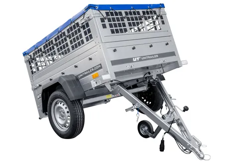 Kleiner Autoanhänger für den Garden Trailer, 150 Kipp - Praktischer Gartenanhänger mit Stützrad, Seitengitter und flacher Plane in Blau, ideal für Transport und Gartenarbeiten.