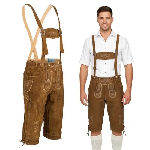 Herren Trachten Lederhose mit Träger - Kniebund Trachtenlederhose braun - Hochwertige Trachtenlederhose aus 100% echtem Leder mit traditioneller Stickerei, ideal für Oktoberfest und festliche Anlässe, individuell anpassbare Träger und Passform.