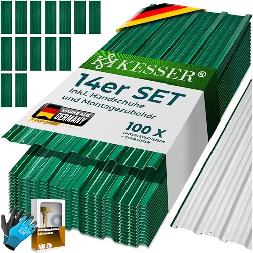 KESSER® 14x Profilblech Trapezblech 110cm x 46cm - Vielseitige Dach- und Wandverkleidung in Grün - Vielseitige Trapezbleche für Dach und Wandverkleidung. Wetterfest, aus robustem verzinktem Stahl, einfach zu montieren, inkl. 100 Schrauben. Ideal für Gartenhäuser, Garagen und mehr.