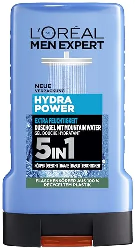 L'Oréal Men Expert Duschgel und Shampoo für Männer, Duschbad zur Reinigung von Körper, Haar und Gesicht, Herren Körperpflege für hydratisierte Haut mit Mountain Water, Hydra Power, 1 x 250 ml
