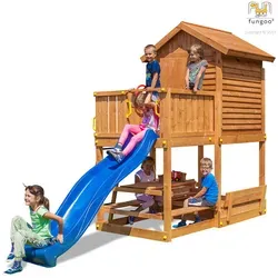Fungoo Spielturm "My House Free Time Beach" mit Rutsche und Picknicktisch - Spiel- und Klettergeräte: Teak-Spielturm mit Holzhaus, blauer Rutsche und Sandkastenabdeckung – perfekt für unvergessliche Abenteuer im Garten!