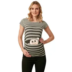 Winke Winke Baby - Lustige witzige süße Umstandsmode gestreiftes Umstandsshirt mit Motiv für die Schwangerschaft Schwangerschaftsshirt, Kurzarm (Grau, Small)
