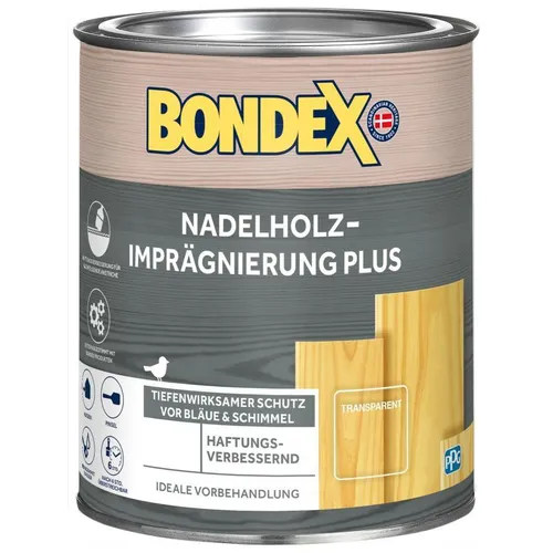 BONDEX Nadelholz-Imprägnierung Plus 0,75 L - Farblos - Wasserbasierte Grundierung für Holz mit schimmelbeständigen Eigenschaften. Ideal für den Außeneinsatz und sorgt für zuverlässigen Schutz. Trocknet in 180 Minuten und ist nach 24 Stunden überstreichbar.