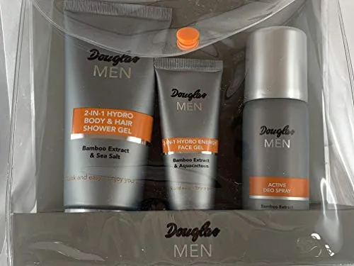 Douglas 2-in-1 Hair & Body Wash (100 ml) + 2-in-1 Hydro Energy Gesichtsgel (25 ml) + Active Deo Spray 50 ml im transparenten Beutel - Skin Care Set für das Gesicht