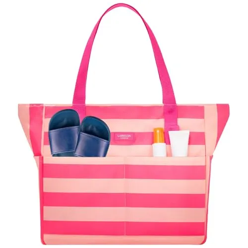 LARKSON Strandtasche Linn - Wasserabweisende Beach Bag in Pink Striped - Strandtaschen - Große, wasserabweisende Beach Bag mit elastischen Seitenfächern, ideal für den Strand oder Urlaub, aus recyceltem Material.