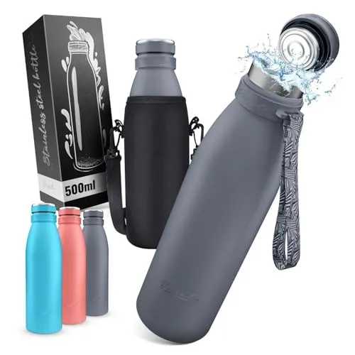 Vezato Trinkflasche Edelstahl - BPA-freie Isolierflasche 500 ml - Auslaufsichere Wasserflasche mit doppelter Isolierung - Thermosflasche spülmaschinenfest - Für Kohlensäure geeignet - Nachhaltig