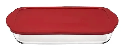 Pasabahce 59124 Borcam - Rechteckige Auflaufform mit rotem Deckel - Pasabahce 59124 Borcam: Vielseitige Auflaufform aus hitzebeständigem Glas, ideal zum Backen, Servieren und Einfrieren. Maße: ~40 x 25 cm, Inhalt ~3,85 Liter. Spülmaschinen- und mikrowellenfest.