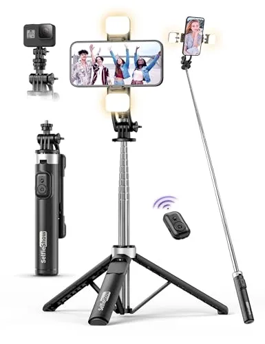 135CM Selfie Stick mit 2 Fülllicht, All-in-1 Handy Stativ mit Abnehmbarer Fernbedienung, 360° Drehbarer Tragbar Stativ Handyhalterung Stabil Selfie Stange Kompatibel mit iPhone/Samsung/Android