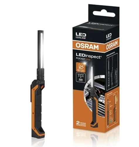 OSRAM Arbeitsleuchte LEDinspect Pocket 200 - Werkstatteinrichtung mit 200 Lumen Helligkeit, USB-aufladbar und flexibel dank Magnet und Multi-Winkel-Positionierung. Ideal für Werkstätten und Notfälle.