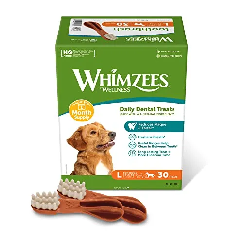 WHIMZEES Zahnbürste L, Monatspackung, 30 Stück – Größe L, Kaustangen für große Hunde zur Zahnpflege, Getreidefrei, Natürlich, ohne Zuckerzusatz