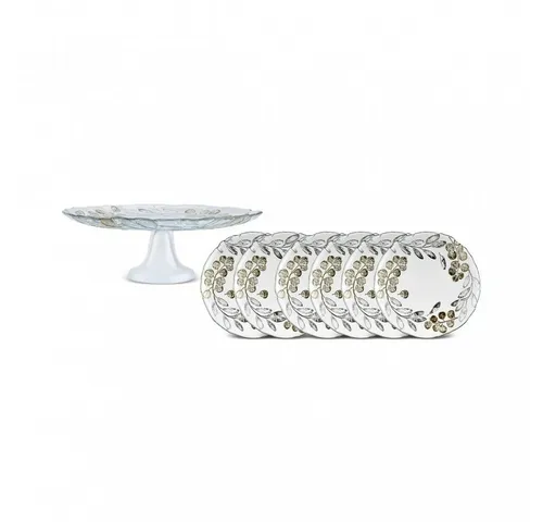 Karaca Eucalyptus 7-teiliges Dessertset - Elegantes Dessertset mit 6 Tellern und 1 Servierplatte, aus hochwertigem, kratzfestem Porzellan – ideal für tägliche Nutzung und besondere Anlässe.
