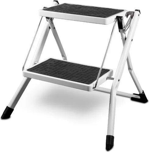 siwitec Mini Klapptritt - 2-stufig aus Stahl, weiß - Haushaltsleiter mit GS-Prüfung, ideal für sicheres Arbeiten in der Höhe. Kompakt und leicht mit gummierten Füßen, perfekt für Innen- und Außenbereich.