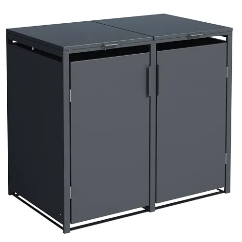 DEGAMO Mülltonnenbox MÜNCHEN - Mülltonnenhaus für 2x 120/240 Liter Tonnen, robust aus verzinktem Stahl, anthrazit mit Magnetverschluss und Gasdruckdämpfer