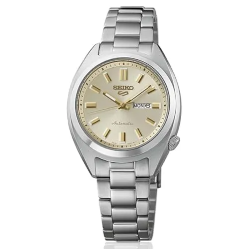Seiko 5 Sports Automatik - SNXS-Edition 32mm SRE023K1 - Elegante Armbanduhr mit 32mm Gehäuse, gelbgoldfarbenem Zifferblatt und hochwertigem Edelstahlarmband. Ideal für stilbewusste Träger.