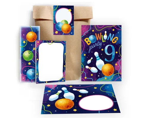JUNAPACK Einladungskarten Bowling zum 9. Geburtstag Einladungen Karten mit Umschlägen Mitgebsel, Mitbringsel Set Kegeln Gastgeschenke zum neunten Geburtstag Aquarell