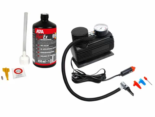 EUFAB 21068 Reifen-Pannenset - für KFZ, Dichtmittel und Kompressor, inklusive 3 Adaptern und maximalem Luftdruck von 17 bar