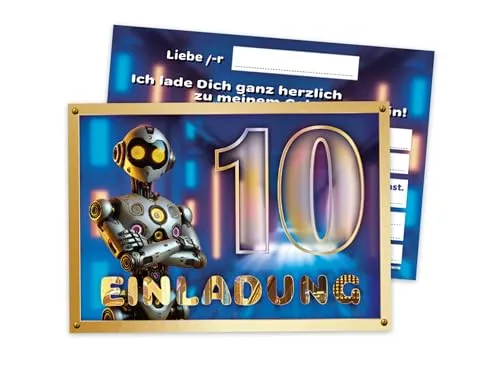 Einladungskarten zum 10. Geburtstag - Geburtstagseinladung Einladung zum Kindergeburtstag Kinderparty Techno-Party für Jungs Kinder Science High-Tech Künstliche Intelligenz Roboter Neonfarben 12