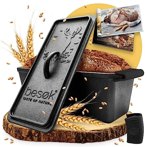 besok Brotbackform mit Deckel - 28cm Gusseisen Kastenform für frisches Brot - Brotbackkastenformen mit 2 Silikon Griffen und Rezeptheft für knuspriges Brot. Ideal für die traditionelle Zubereitung in der eigenen Küche.