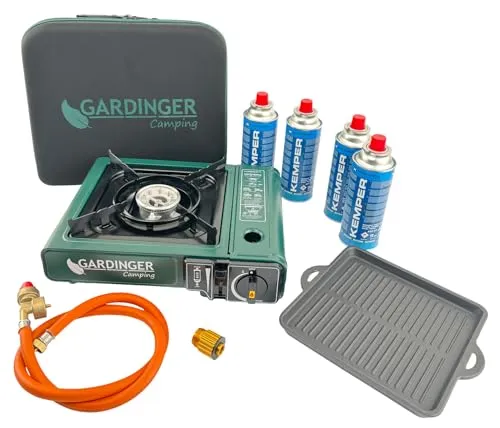 GARDINGER Gaskartuschenkocher CAMP Allgas Set mit Grillplatte - Mobiler Gaskocher mit Piezozündung und Transportbox. Ideal für Camping und Garten, inklusive 4 Gaskartuschen und Grillplatte für vielseitiges Kochen im Freien.