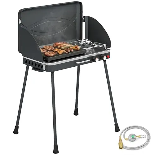 Tragbarer 2-Brenner Gasgrill 7 kW – Klappbar und Praktisch - Praktischer Tischgasgrill mit Automatikzündung, klappbar und leicht zu transportieren. Ideal für Grillabende im Freien, mit hochwertigem Gussaluminium und analoger Steuerung.