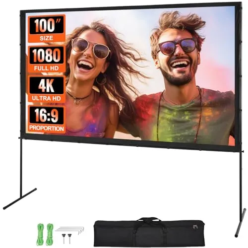 VEVOR 100 Zoll HD 4K Beamer Leinwand mit Ständer - Beamer-Leinwand für Indoor und Outdoor, faltbares Design und schneller Aufbau für Heimkino, Camping und Events. Genießen Sie detailreiche Bilder mit stabilem Stand und großem Betrachtungswinkel.